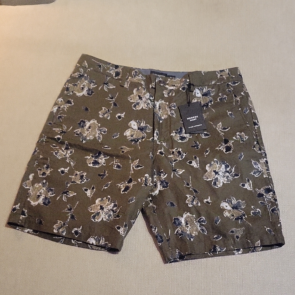 Club Monaco Shorts Maddox Fit Olive Floral Linen Blend 31 Vacation Resort New